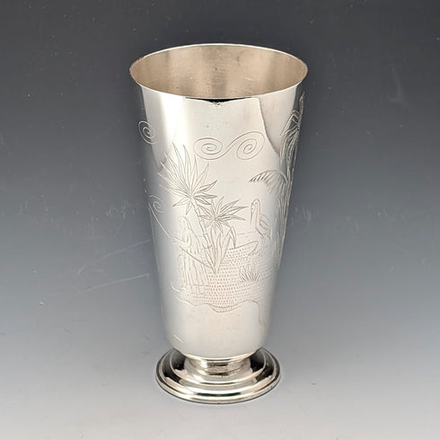1870 British antique silver plate vase with chinoiserie decoration