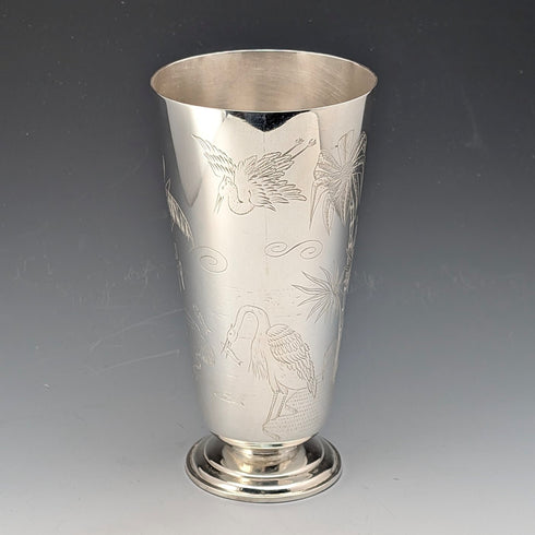 1870 British antique silver plate vase with chinoiserie decoration