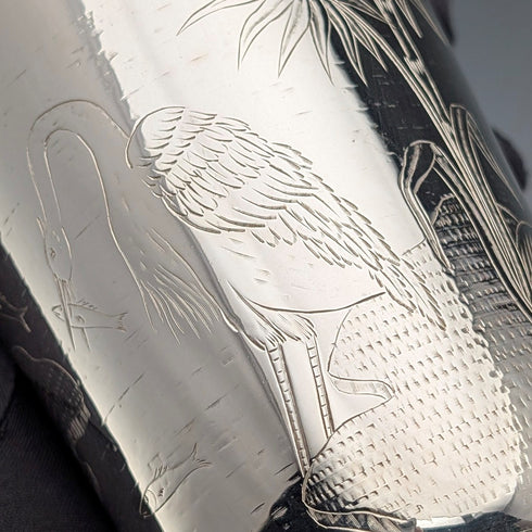 1870 British antique silver plate vase with chinoiserie decoration