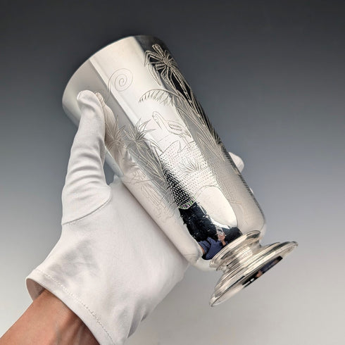 1870 British antique silver plate vase with chinoiserie decoration