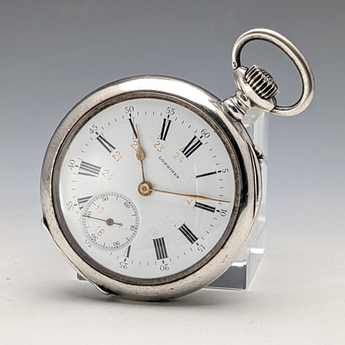 Circa 1911 Antique Longines Pocket Watch, Pure Silver Open Face, In Good Working Condition