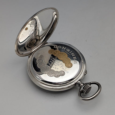 Circa 1911 Antique Longines Pocket Watch, Pure Silver Open Face, In Good Working Condition