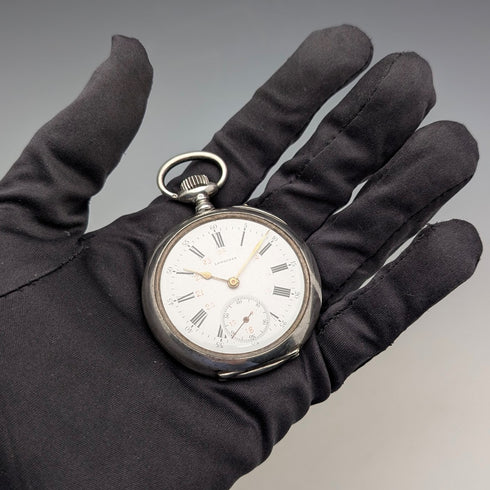 Circa 1911 Antique Longines Pocket Watch, Pure Silver Open Face, In Good Working Condition