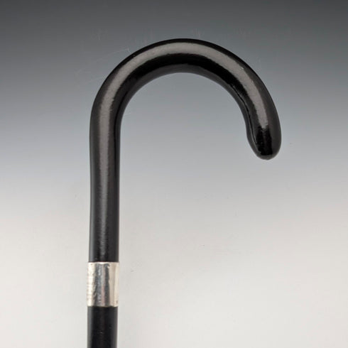 1943年 英国ヴィンテージ ブラックシャフト 曲がりハンドル 純銀装飾 ステッキ 杖 93cm