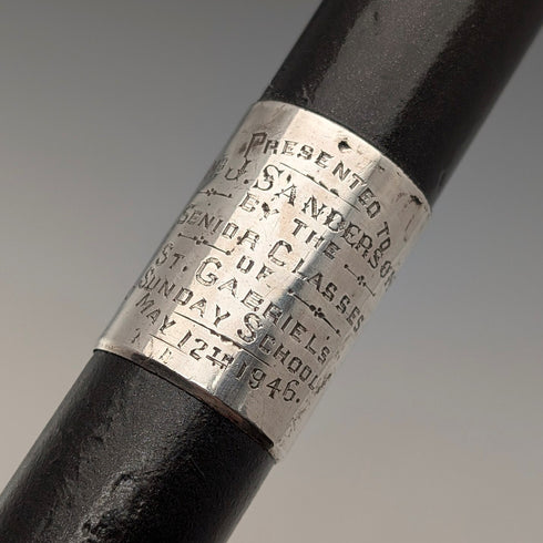 1943年 英国ヴィンテージ ブラックシャフト 曲がりハンドル 純銀装飾 ステッキ 杖 93cm