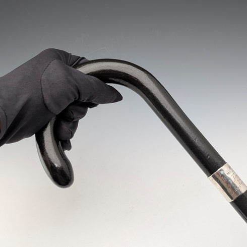 1943年 英国ヴィンテージ ブラックシャフト 曲がりハンドル 純銀装飾 ステッキ 杖 93cm