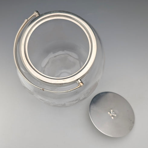 英国ヴィンテージ ビスケットバレル エッチングガラス シルバープレート蓋