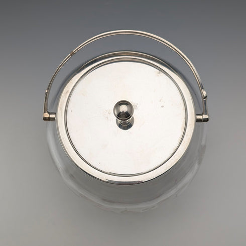 英国ヴィンテージ ビスケットバレル エッチングガラス シルバープレート蓋