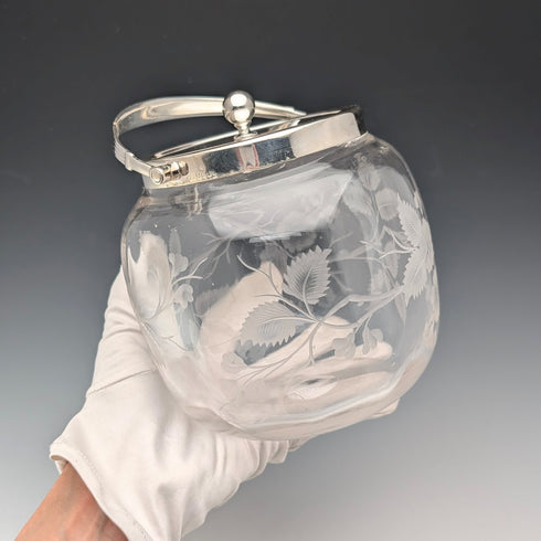 英国ヴィンテージ ビスケットバレル エッチングガラス シルバープレート蓋