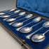 1894 British antique sterling silver tea spoon set of 12, total weight 118g, case included, Goldsmiths & Silversmiths
