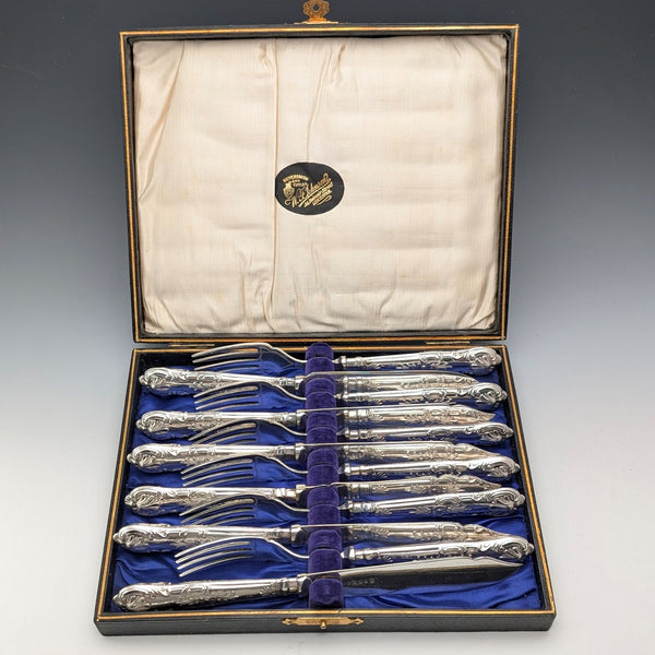 1928 British Vintage Sterling Silver Handle Cutlery 6 Pairs in Case Yates Brothers