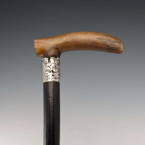 1897年 英国アンティーク ブラックシャフト L字ホーンハンドル 純銀装飾 ステッキ 杖 84cm