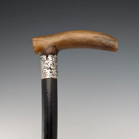 1897 年英國古董黑軸 L 型牛角柄純銀裝飾手杖 84 厘米