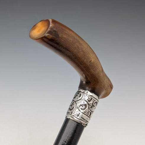 1897 年英國古董黑軸 L 型牛角柄純銀裝飾手杖 84 厘米