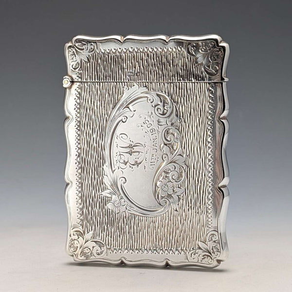 1901 British antique floral engraved sterling silver card case, 75g, boxed, Lines, Bunn & Mason