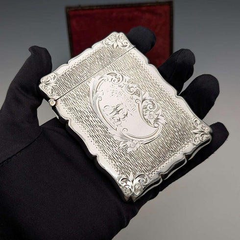 1901年 英国アンティーク フローラル彫刻 純銀製カードケース 75g ボックス入り Lines,Bunn&Mason