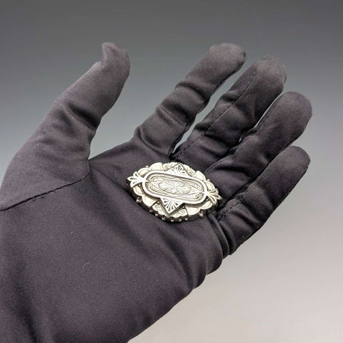 1880 British antique sterling silver finely engraved oval brooch by Alfred George Griffiths