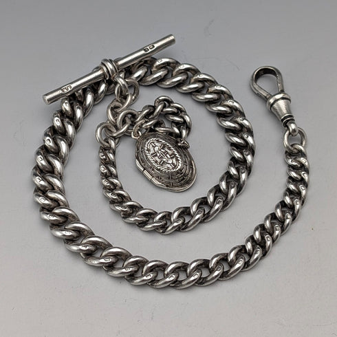 1909 British antique sterling silver Albert chain 50g basket fob