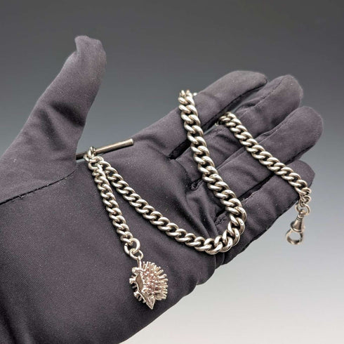1912 British antique sterling silver Albert chain 50g hedgehog fob