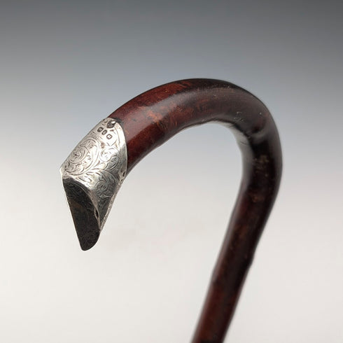1899年英國古董棕色軸,彎曲手柄,純銀裝飾,手杖,85厘米