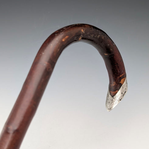 1899年英國古董棕色軸,彎曲手柄,純銀裝飾,手杖,85厘米