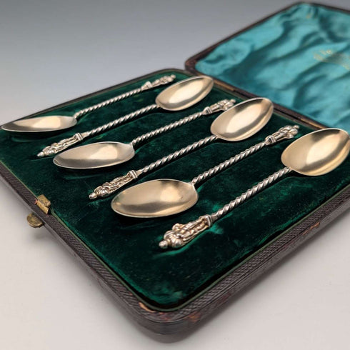 1891 British antique sterling silver apostle teaspoon set of 6, 50g total, case included, George Unite