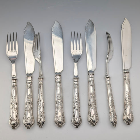 1909年 英国アンティーク 純銀製ハンドル フィッシュカトラリー4ペア Harrison Fisher