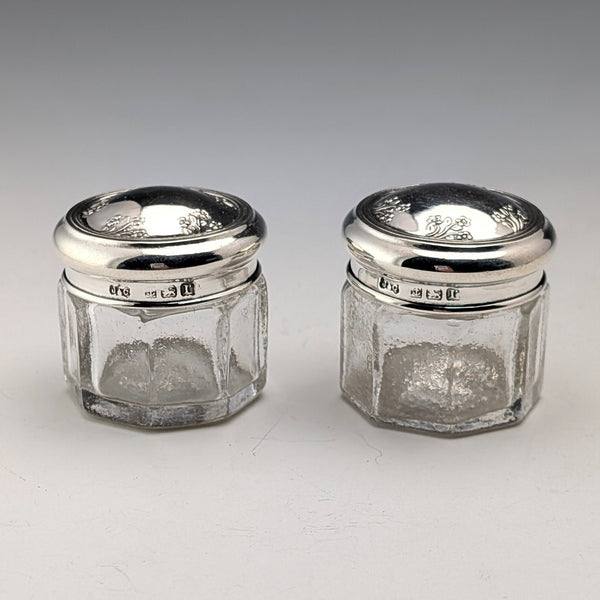 1916 British antique silver lid mini glass jar pair Jones & Crompton