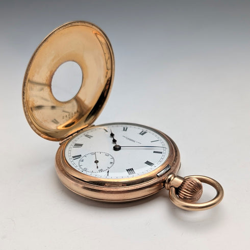 British antique Russell pocket watch, gold plated half hunter case, in good working order