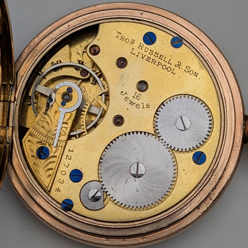 British antique Russell pocket watch, gold plated half hunter case, in good working order