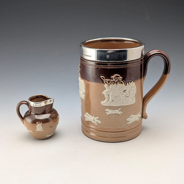 Circa 1900 British antique sterling silver decorated ceramic mug and mini cream jug Mappin & Webb