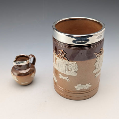 1900年頃 英国アンティーク 純銀装飾 陶器製マグカップ&ミニクリームジャグ Mappin&Webb