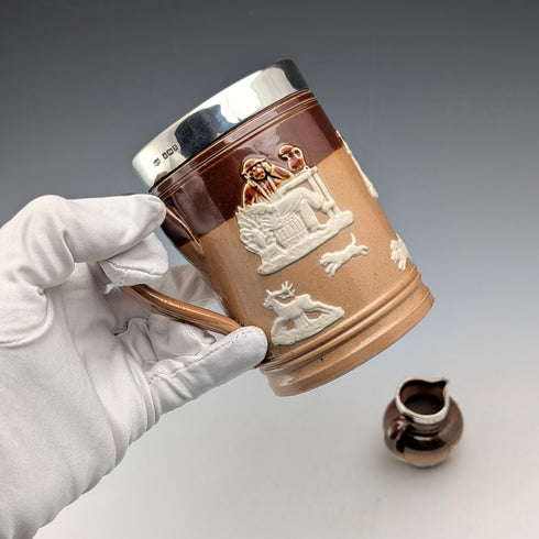 1900年頃 英国アンティーク 純銀装飾 陶器製マグカップ&ミニクリームジャグ Mappin&Webb