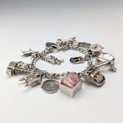 British vintage sterling silver charm bracelet, 48g, padlock clasp