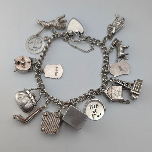 British vintage sterling silver charm bracelet, 48g, padlock clasp