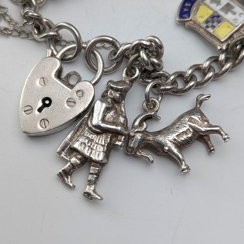 British vintage sterling silver charm bracelet, 48g, padlock clasp