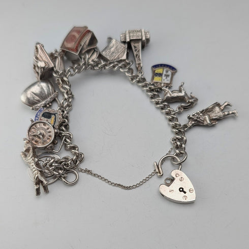 British vintage sterling silver charm bracelet, 48g, padlock clasp
