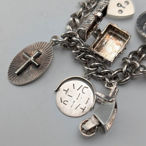 1962 British Vintage Sterling Silver Charm Bracelet 48g Padlock Clasp WJS