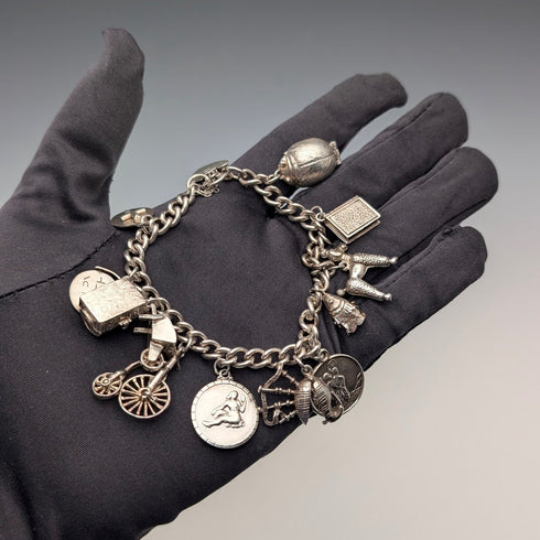 1962 British Vintage Sterling Silver Charm Bracelet 48g Padlock Clasp WJS
