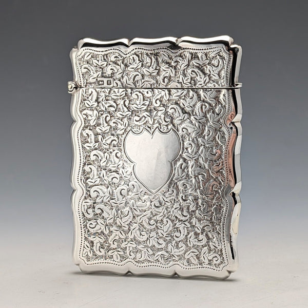 1906 British antique floral engraved sterling silver card case 51g William Atkin