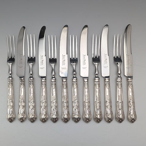 1974年頃 英国ヴィンテージ 純銀ハンドル ティーナイフ&フォーク 6ペア Harrison Brothers ケース入