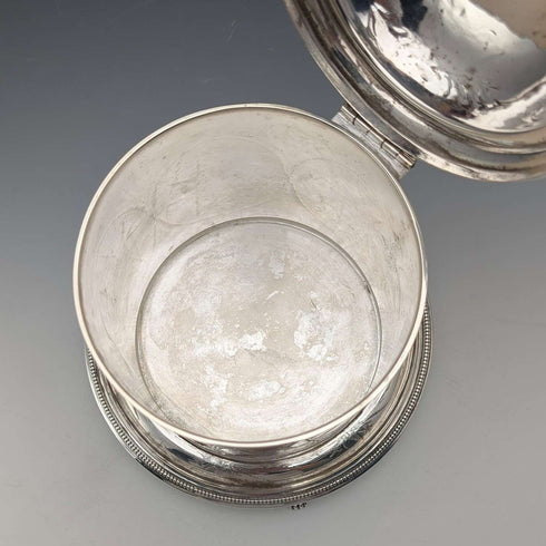 Antique British silver plated biscuit barrel with bird decoration