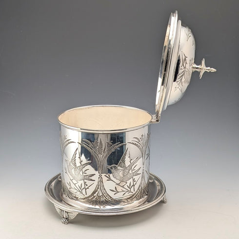 英国アンティーク シルバープレート製 鳥装飾 ビスケットバレル