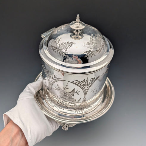 英国アンティーク シルバープレート製 鳥装飾 ビスケットバレル