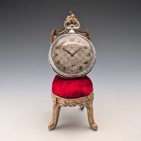 1920s Antique Brass Chair Pocket Watch Holder with Red Velvet Sheet