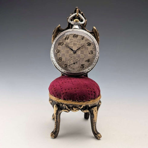 1920s Antique Brass Chair Pocket Watch Holder with Bordeaux Velour Seat