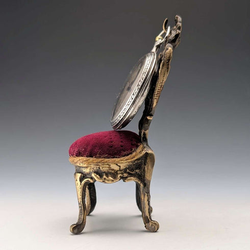 1920s Antique Brass Chair Pocket Watch Holder with Bordeaux Velour Seat