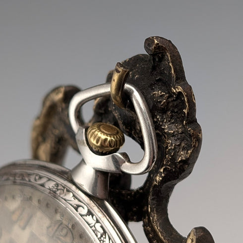 1920年代古董黃銅椅子懷錶架,搭配波爾多絲絨座椅