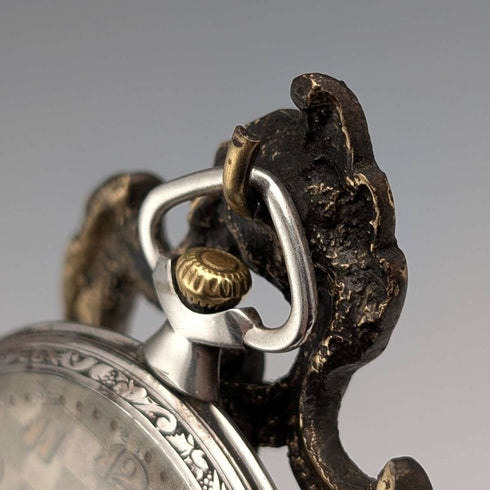 1920s Antique Brass Chair Pocket Watch Holder with Bordeaux Velour Seat