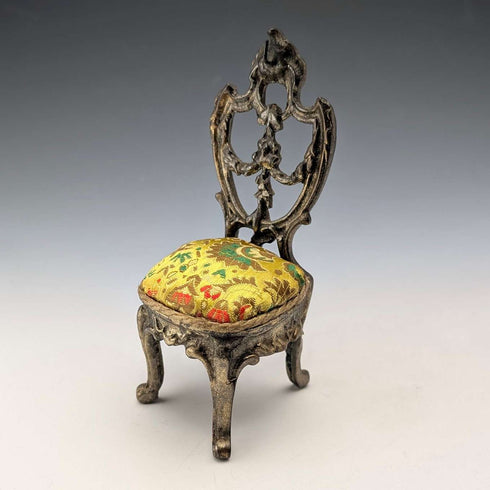 1920s Antique Brass Chair-Shaped Pocket Watch Holder with Yellow Embroidered Seat